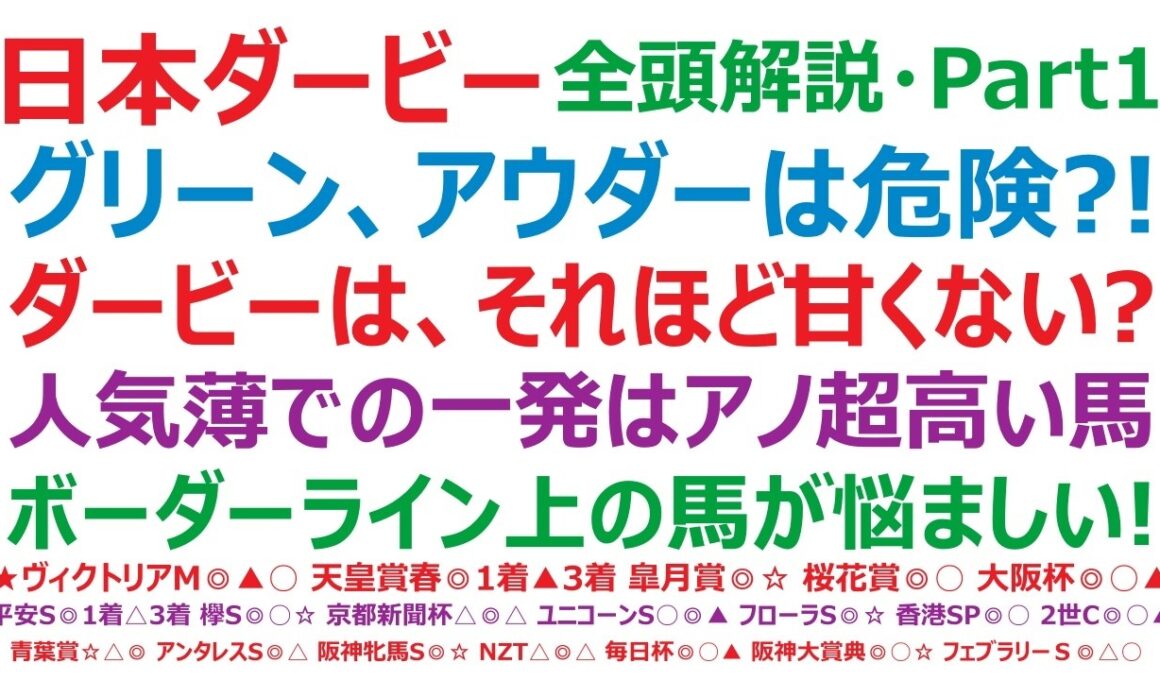 【日本ダービー2026】・全頭解説・Part1　グリーンエナジー、アウダーシアは、危険な人気馬？！ダービーは、それほど甘くはない？人気薄での一発は、アノ超高い馬。ボーダーライン上の馬が、悩ましい。