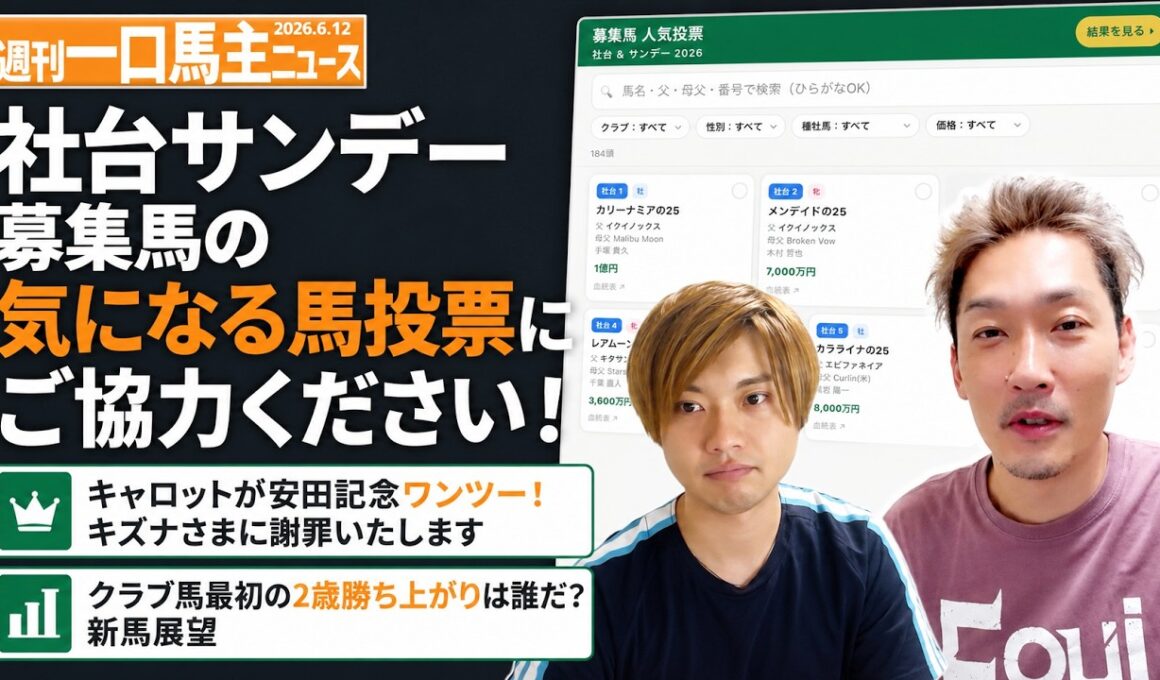 【週刊一口馬主ニュース】安田記念をキズナ産駒が勝利したことについて謝罪いたします🙇‍♂️社台サンデー募集馬についてのアンケートにぜひご協力ください！【節約大全】Vol.1470