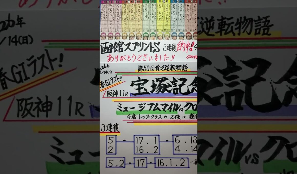 【競馬予想】阪神11R 宝塚記念🏇函館スプリントＳ的中🎯ありがとう😭❣️