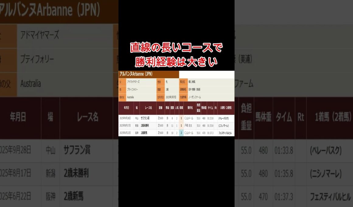 アルバンヌ編！阪神ジュベナイルフィリーズ2025解説！阪神デビュー戦で敗れた相手は後の重賞勝ち馬でありまだ底を見せていない！新潟の直線長いコースも経験し阪神外回りコースも問題なく走れる！