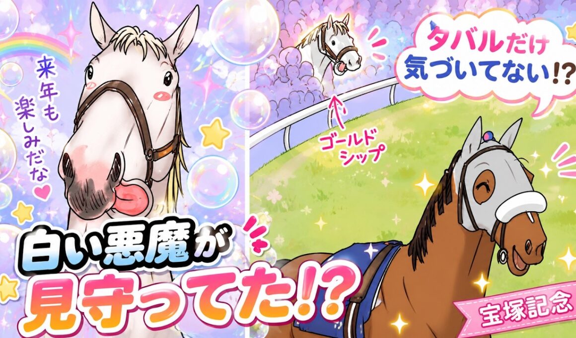 タバル後ろ！白い影が！【宝塚記念】メイショウタバルだけ気づいてない！？後ろに父ゴールドシップがいた！【競馬マンガ】