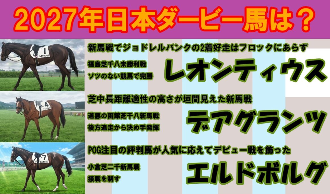 2027年日本ダービー馬は？ #4　先週の新馬戦と未勝利戦を勝ち上がったレオンティウス、デアグランツ、エルドボルグを注目馬として取り上げました。