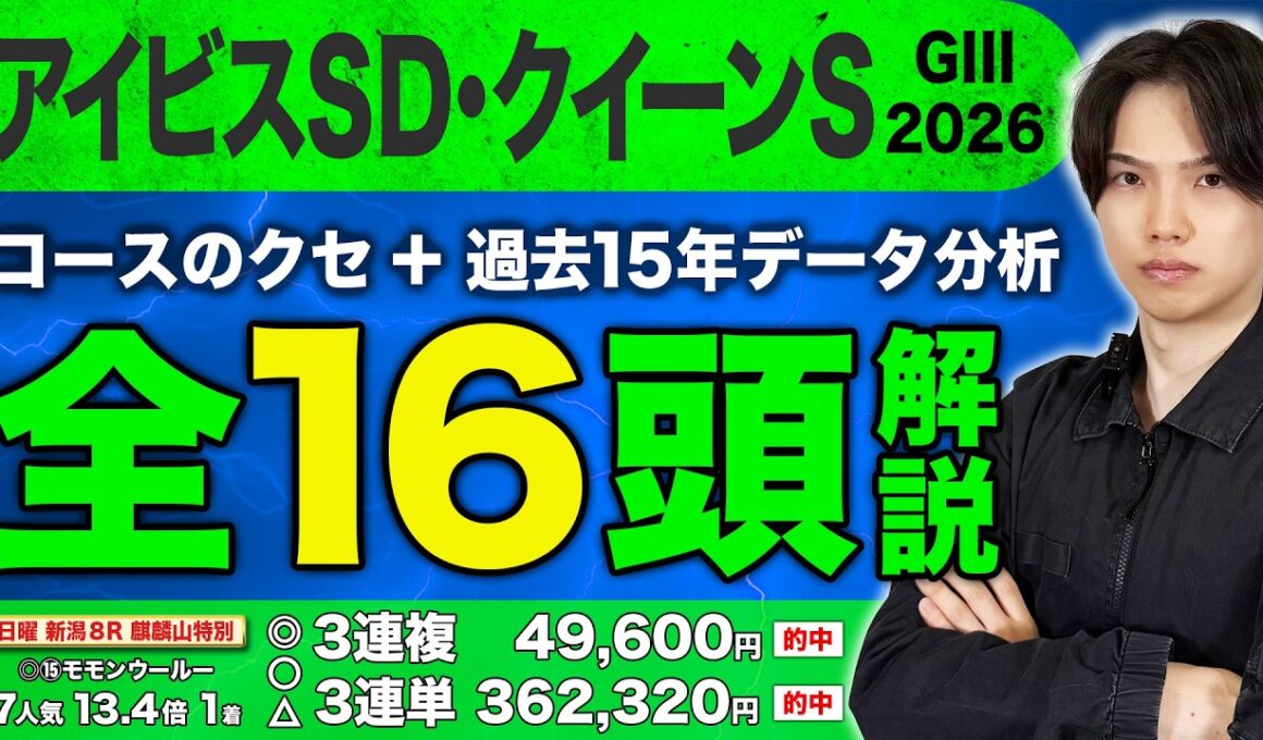 【2026クイーン👑S＆アイビスSDの出走馬16頭＆過去15年データ解説】先週も札幌日経賞◎8人気ホールネス2着🥈や新潟8Rで◎〇△で3連単36万馬券大HITと絶好調のkotaが混戦WG3を完全攻略！